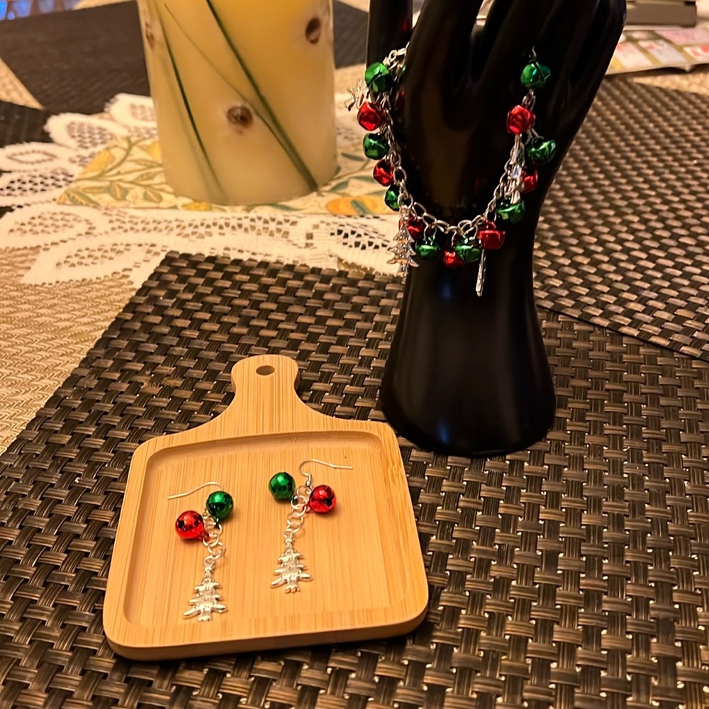 Christmas Bells and Trees Pair of Earrings and Bracelet